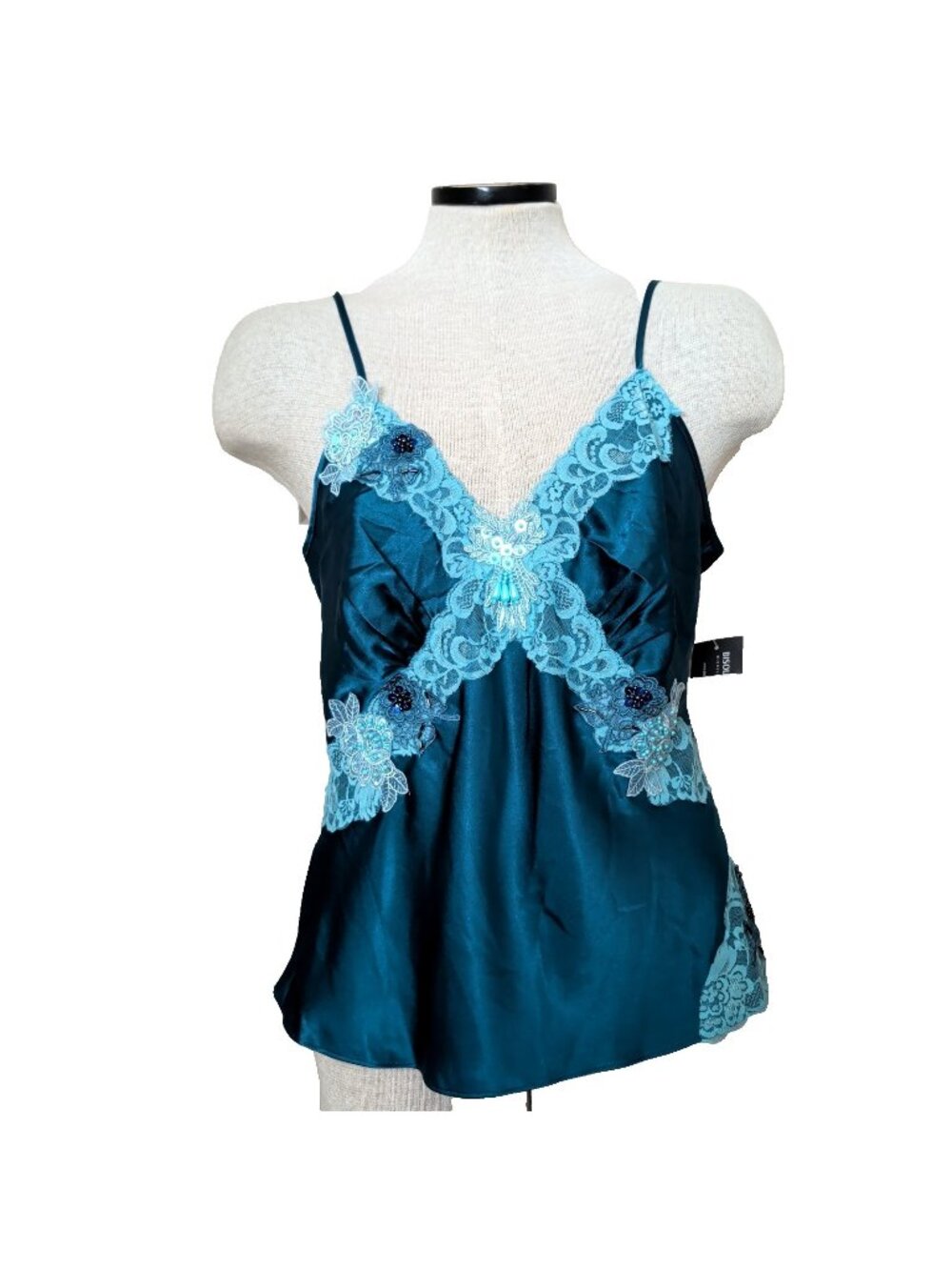 Biscou Biscou Cami Tank Satin sz 10 Teal Lace Beaded Vtg Y2K Fairy New-lp